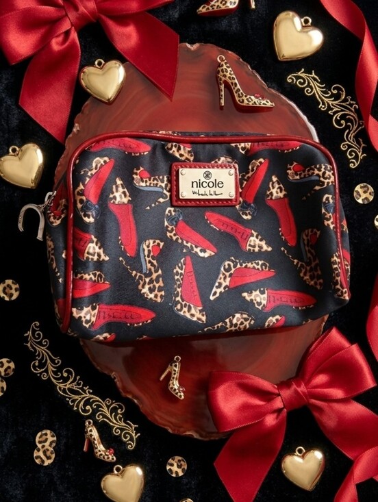 Nicole Lee Handbags - 🎀Nicole Miller Glam Leopard Heel Print Cosmetic Pouch | Red Satin Interior